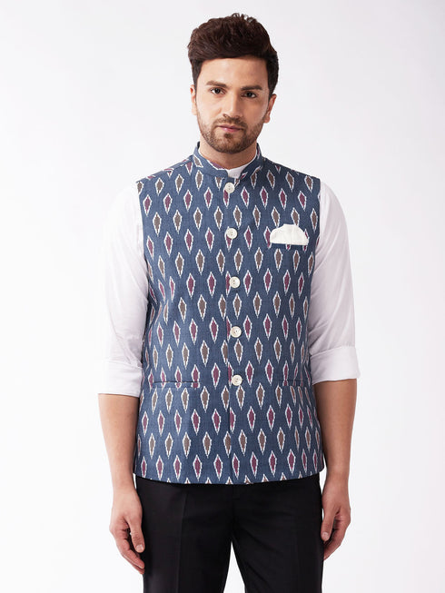 Vastramay Men's Multicolor -Base-Grey Cotton Blend Nehru Jacket